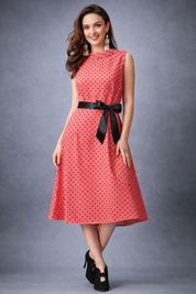 Polka Dot A-Line Sleeveless Midi Dress with Black Ribbon Belt