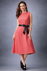 Polka Dot A-Line Sleeveless Midi Dress with Black Ribbon Belt