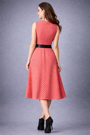 Polka Dot A-Line Sleeveless Midi Dress with Black Ribbon Belt