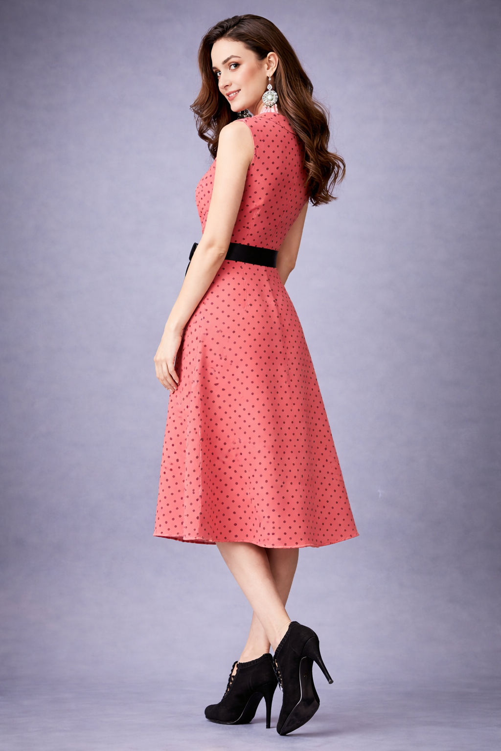 Polka Dot A-Line Sleeveless Midi Dress with Black Ribbon Belt