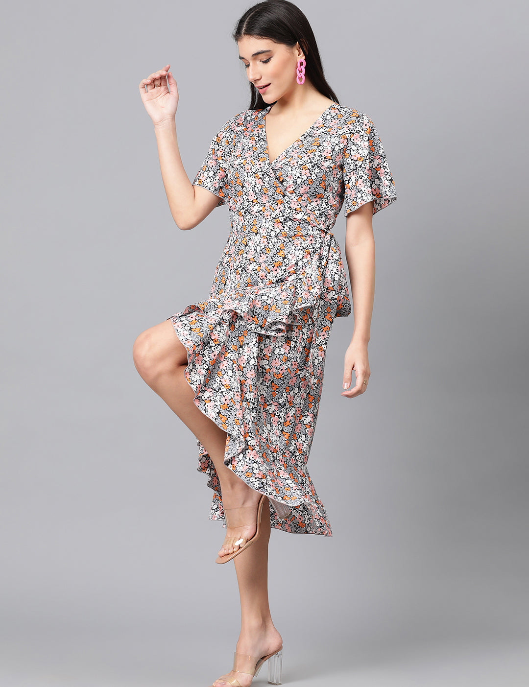KOTTY Women's Floral Print Flutter Sleeve Fit Flare Dress