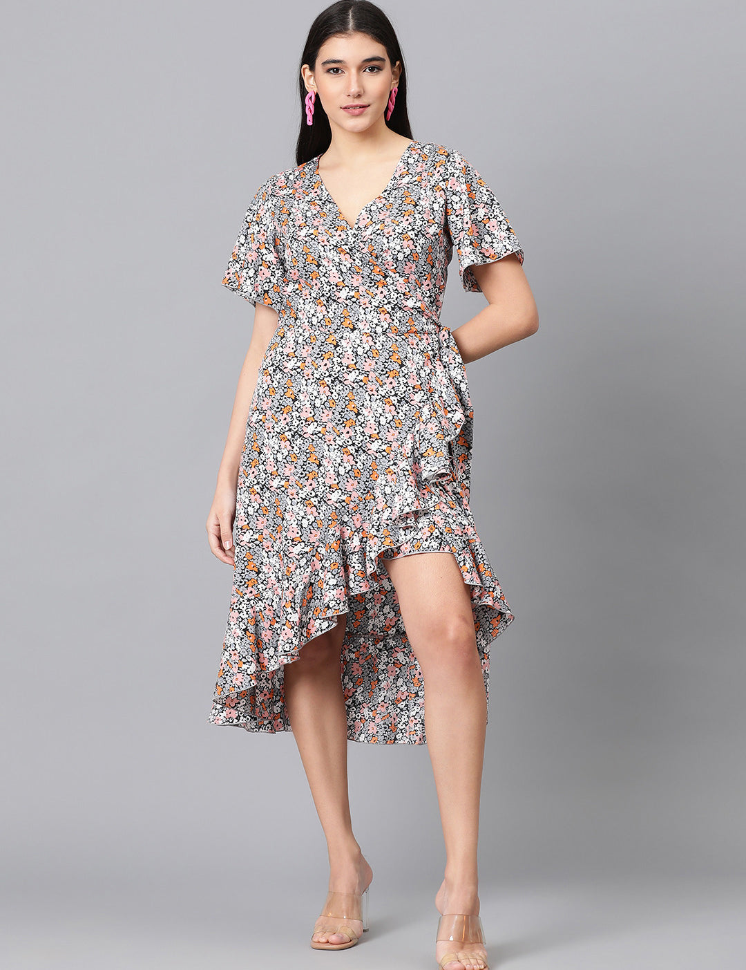 KOTTY Women's Floral Print Flutter Sleeve Fit Flare Dress