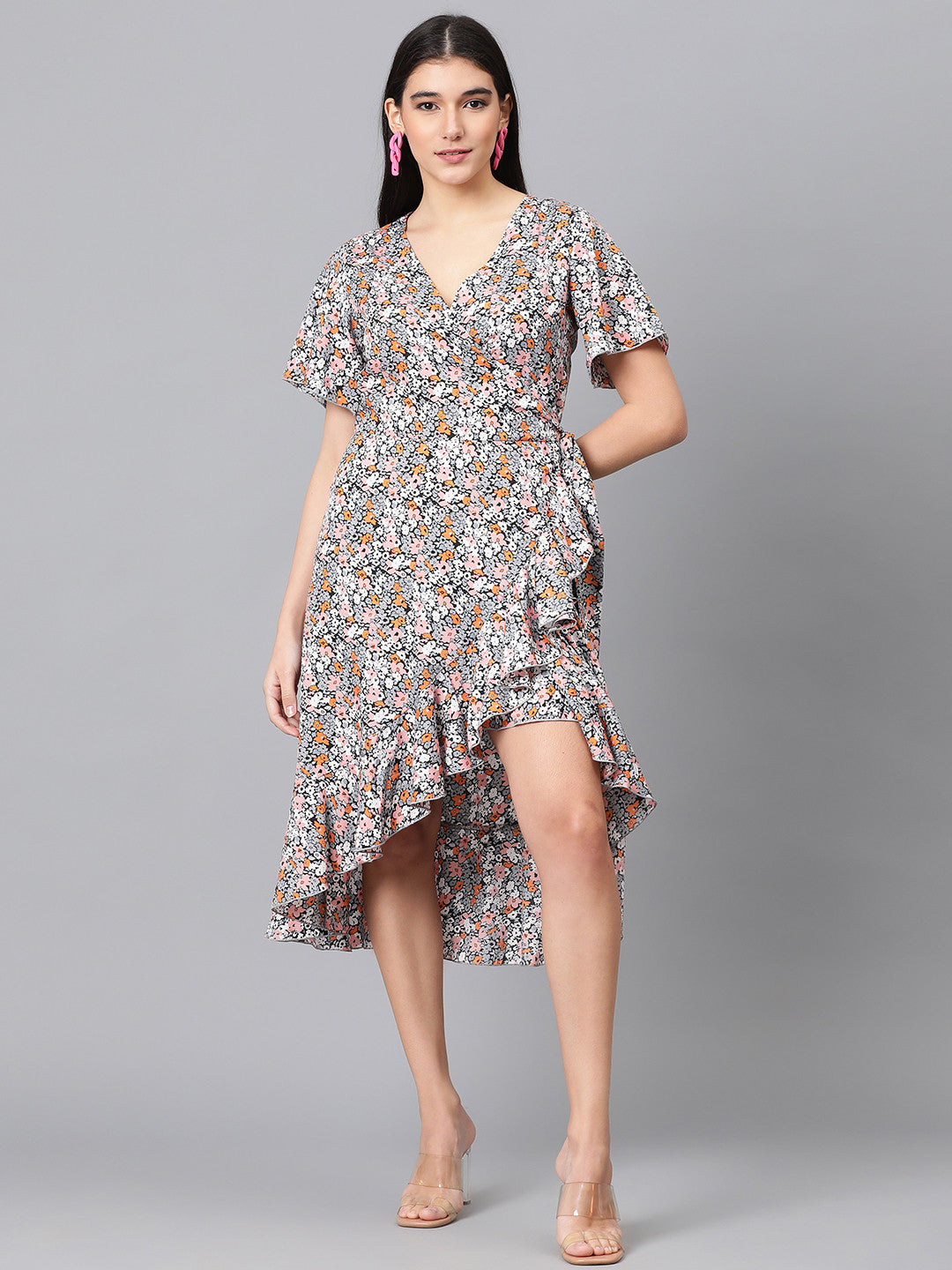 KOTTY Women's Floral Print Flutter Sleeve Fit Flare Dress