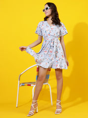 KOTTY Women's Floral Printed Flared Sleeves Satin Fit Flare Mini Dress