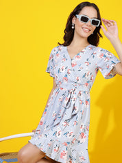 KOTTY Women's Floral Printed Flared Sleeves Satin Fit Flare Mini Dress