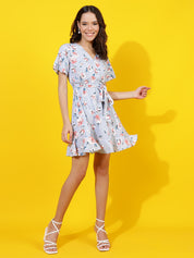 KOTTY Women's Floral Printed Flared Sleeves Satin Fit Flare Mini Dress
