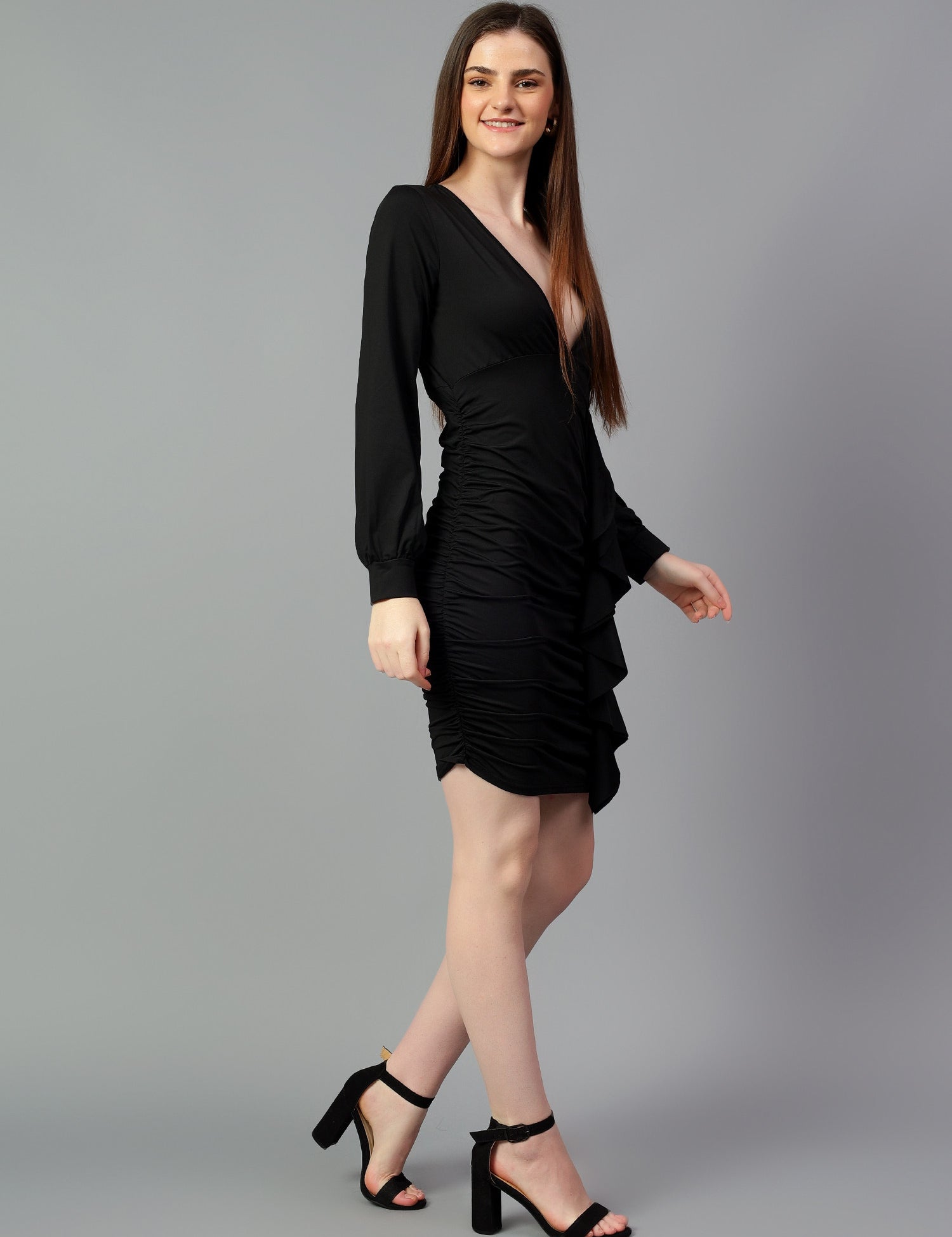KOTTY Women's Solid Full Slave V Nack Dress