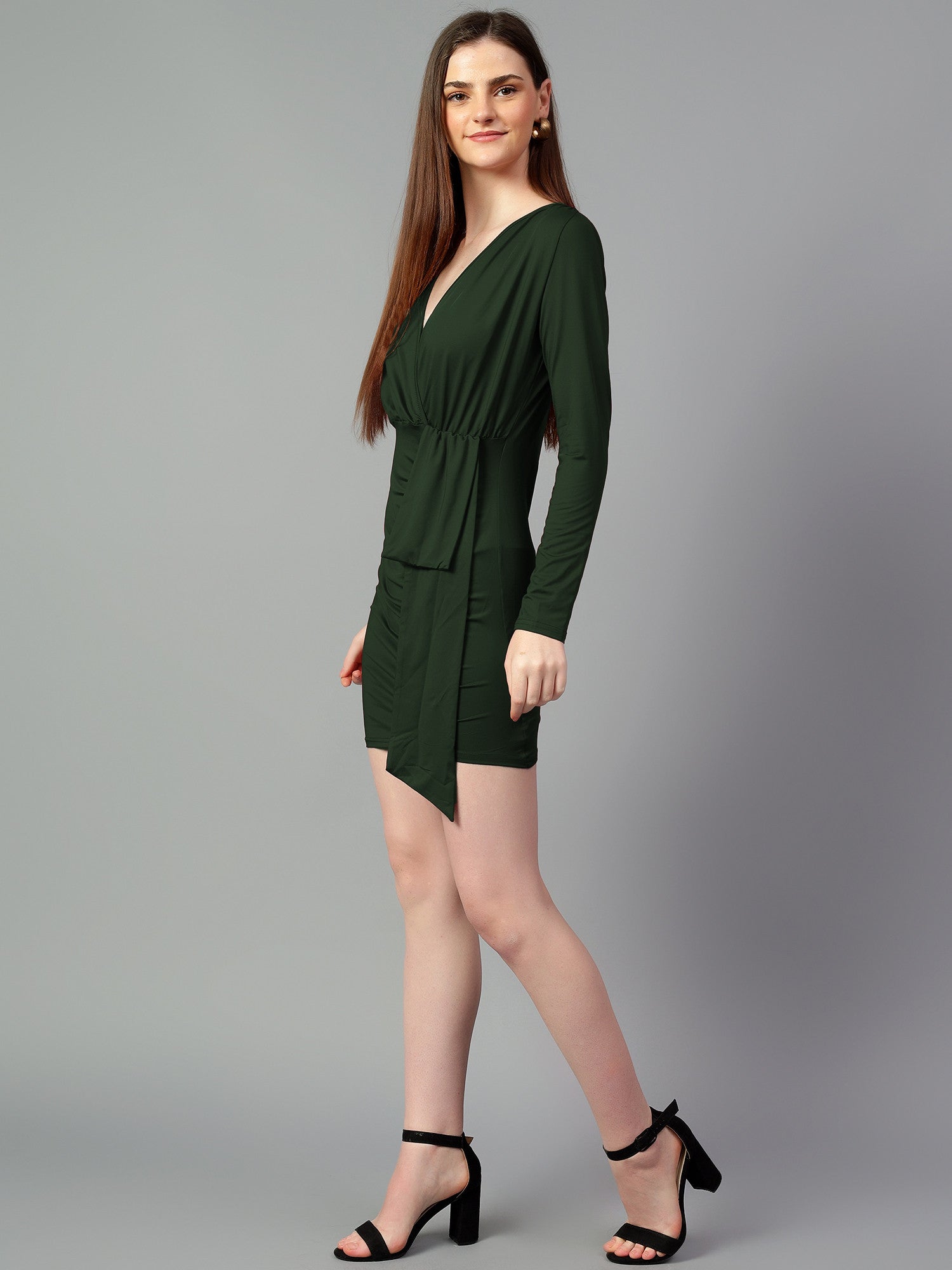 KOTTY Women's Solid Full Slave V Nack Dress
