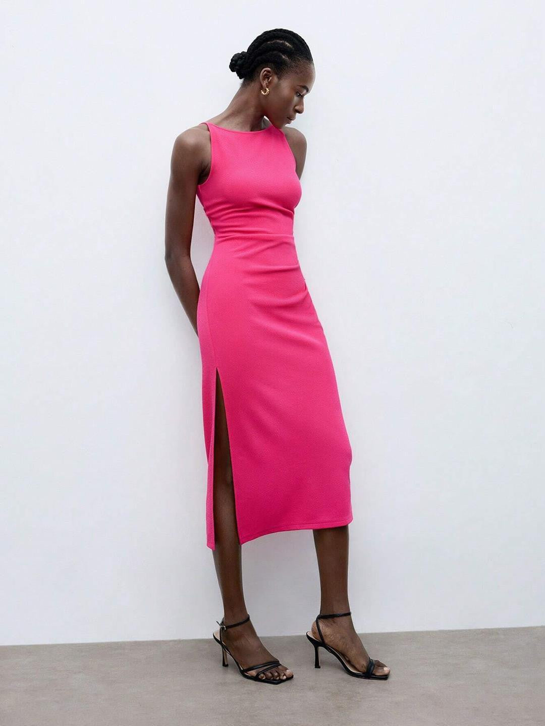 KOTTY Women's Solid Sleeveless Cerise Pink Causal Dress 