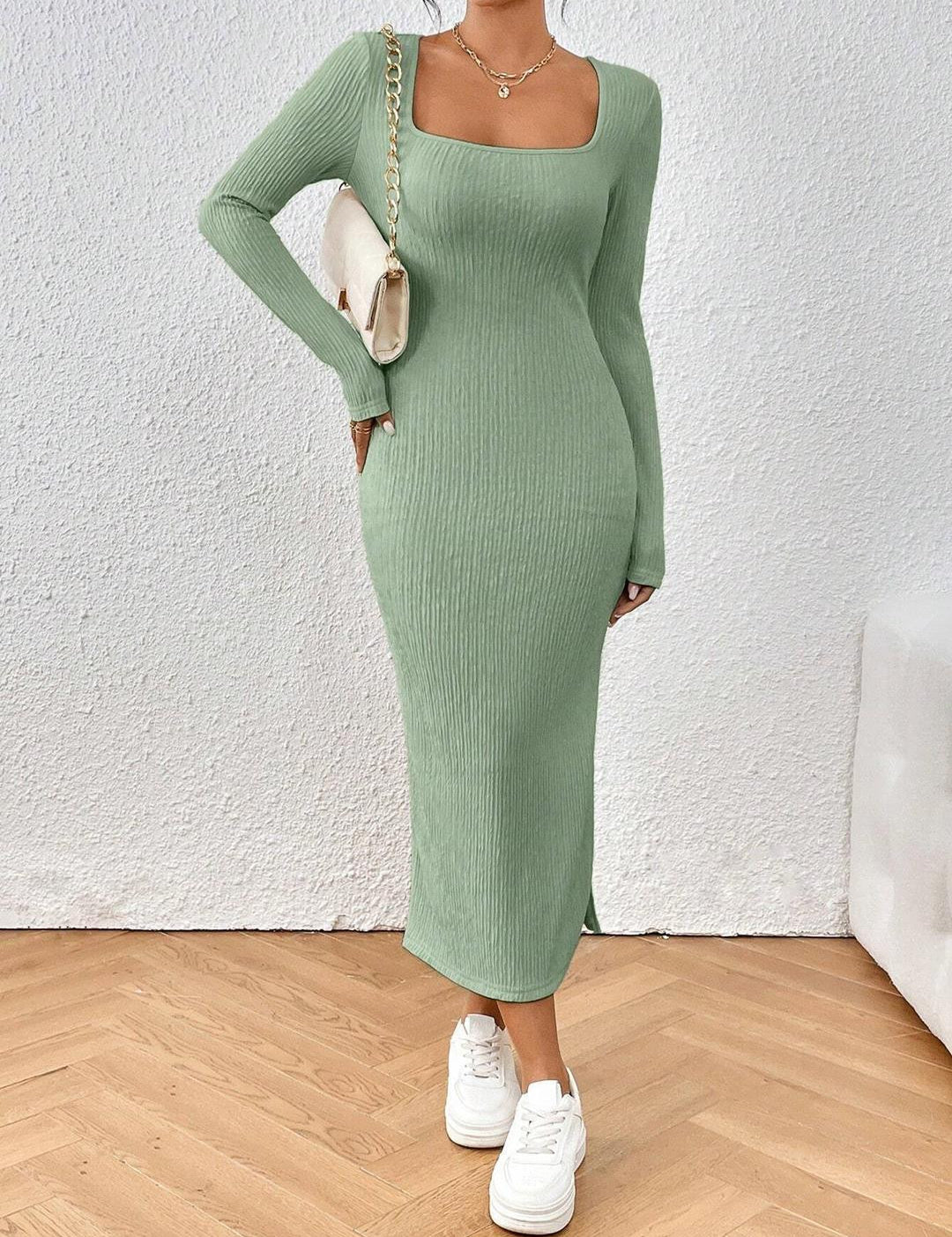 KOTTY Women's Solid Full Sleeve Mossleaf Causal Dress 