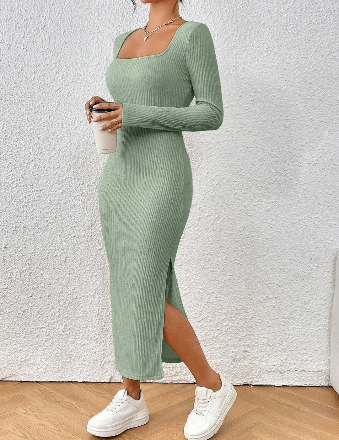 KOTTY Women's Solid Full Sleeve Mossleaf Causal Dress 