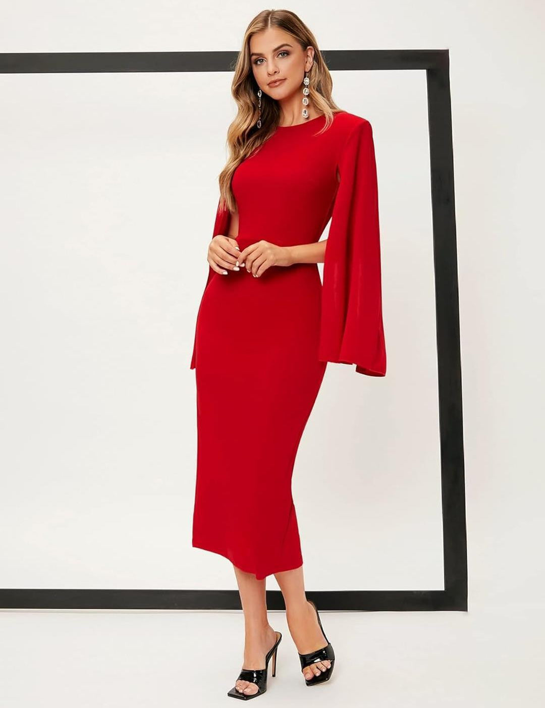 KOTTY Women's Solid Full Sleeve Racing Red Causal Dress 