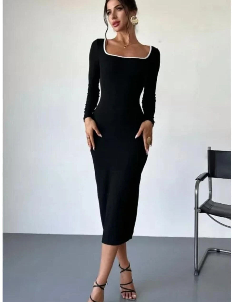 KOTTY Women's Solid Full Sleeve Black Hole Causal Dress 