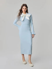 Women’s Light Blue Bow Neck Midi Bodycon Dress