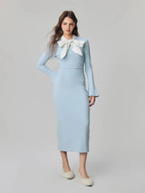 Women’s Light Blue Bow Neck Midi Bodycon Dress