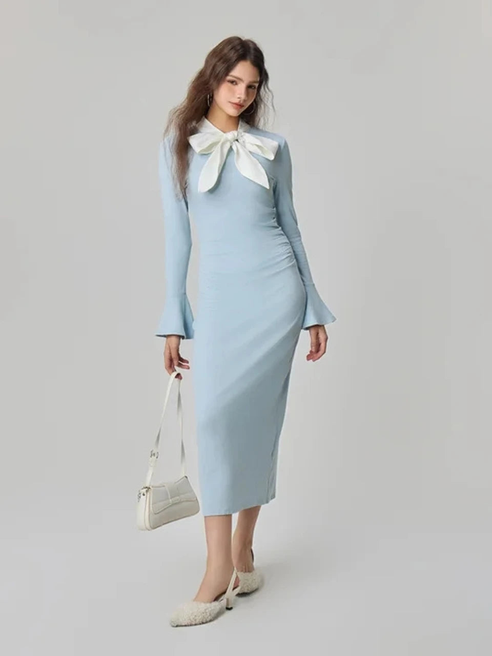 Women’s Light Blue Bow Neck Midi Bodycon Dress