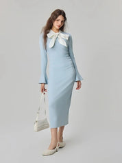 Women’s Light Blue Bow Neck Midi Bodycon Dress