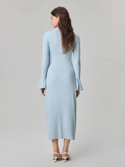 Women’s Light Blue Bow Neck Midi Bodycon Dress