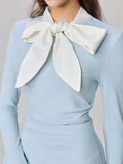 Women’s Light Blue Bow Neck Midi Bodycon Dress
