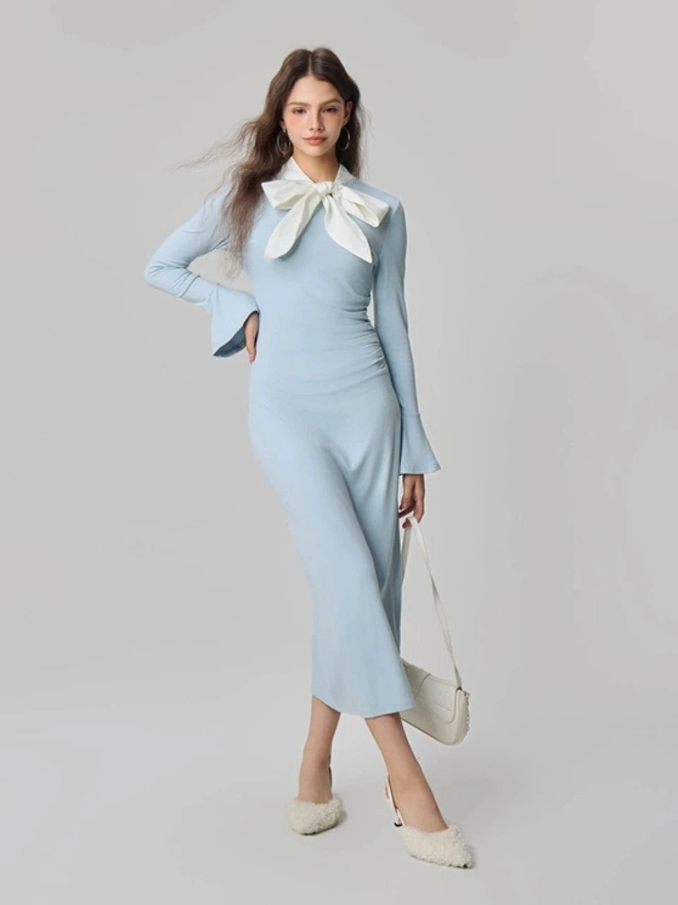 Women’s Light Blue Bow Neck Midi Bodycon Dress