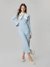 Women’s Light Blue Bow Neck Midi Bodycon Dress