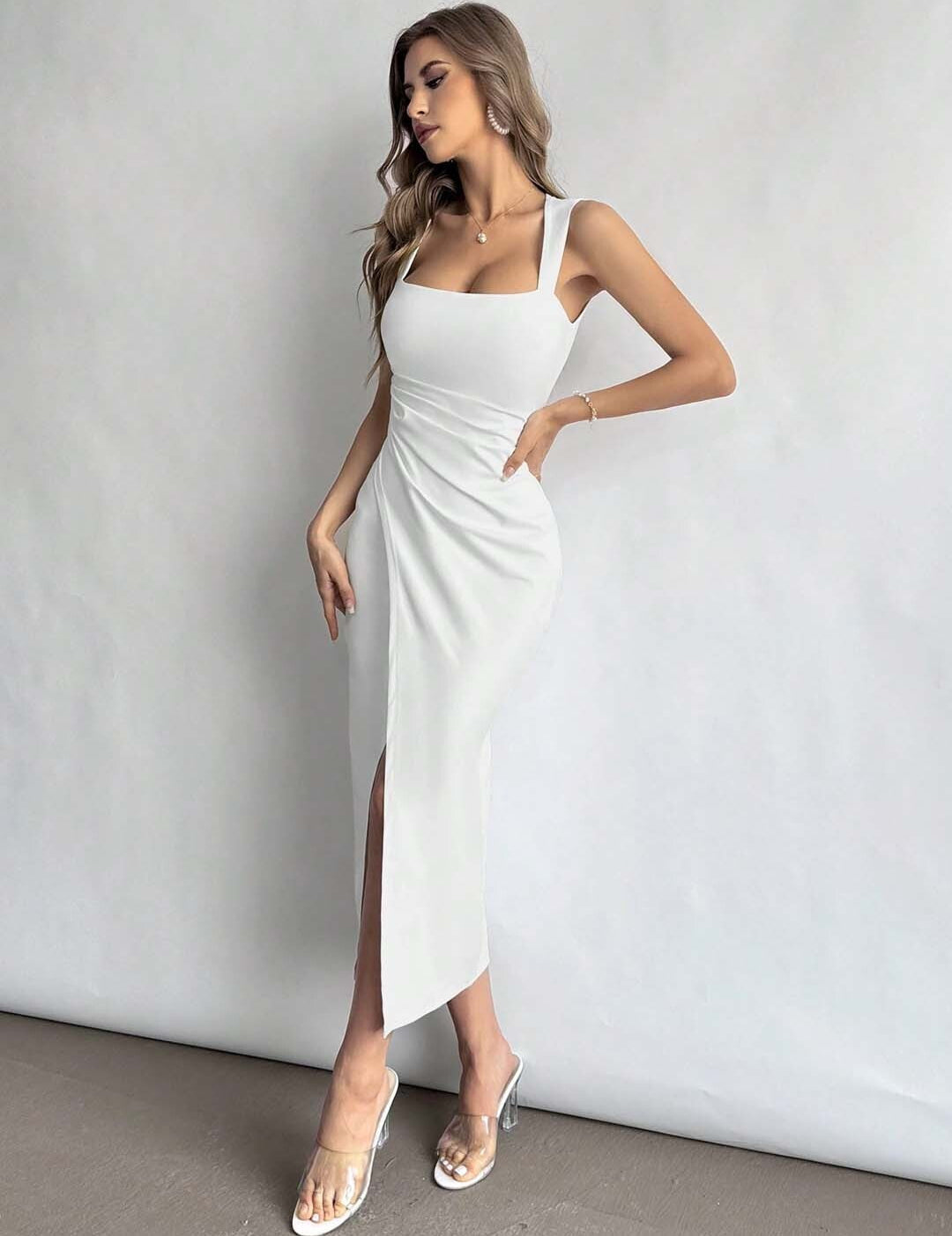 KOTTY Women's Solid Crystal Bell White Stylish Dress