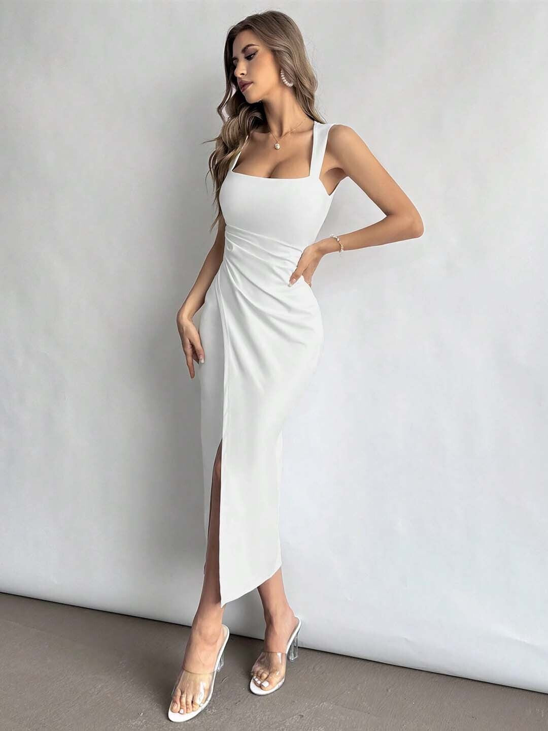 KOTTY Women's Solid Crystal Bell White Stylish Dress