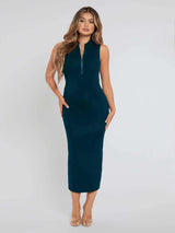 Women Dark Green Sleeveless Quarter-Zip Midi Dress