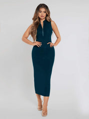 Women Dark Green Sleeveless Quarter-Zip Midi Dress