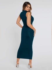 Women Dark Green Sleeveless Quarter-Zip Midi Dress