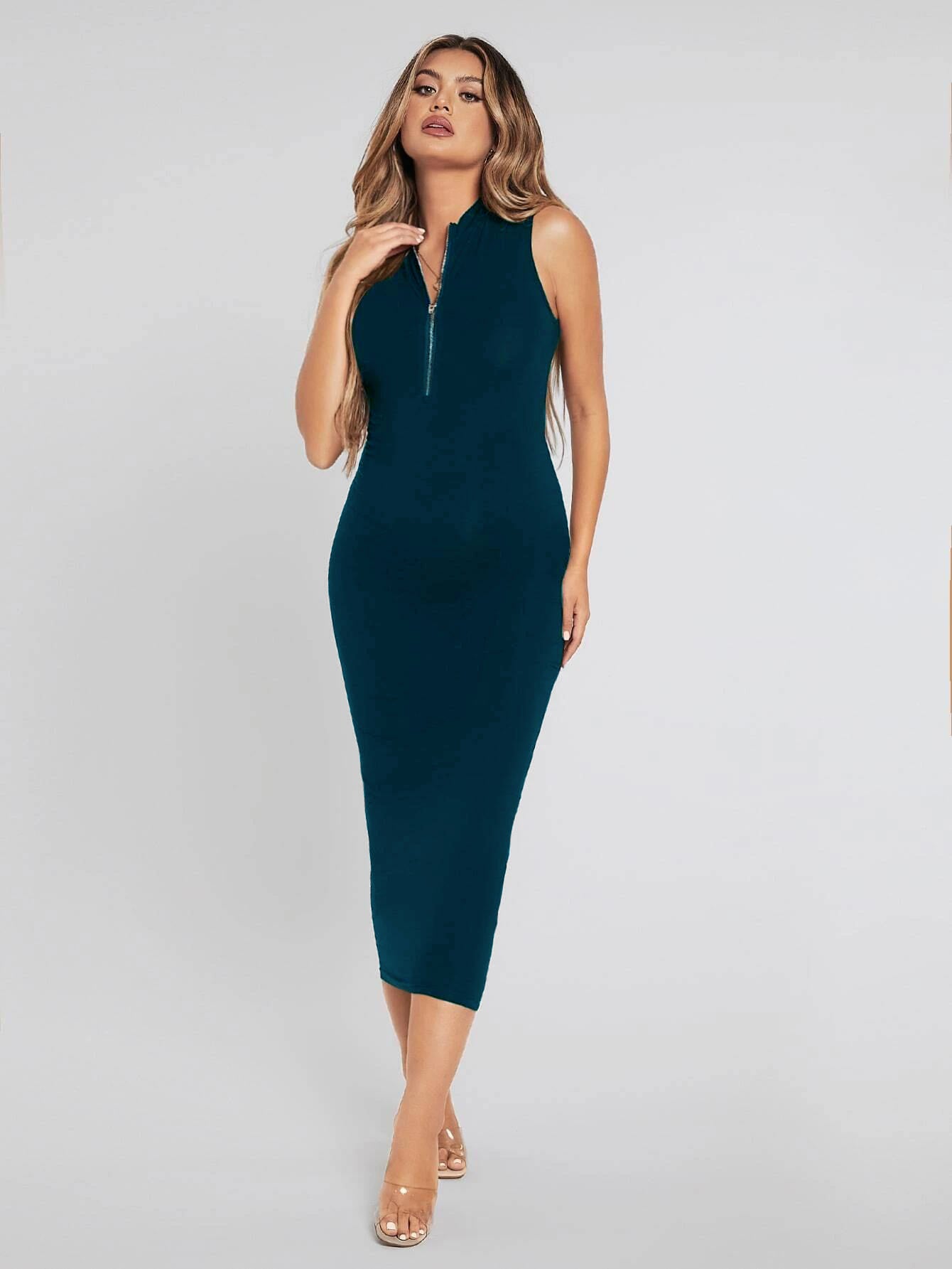 Women Dark Green Sleeveless Quarter-Zip Midi Dress