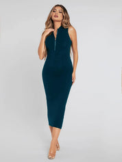 Women Dark Green Sleeveless Quarter-Zip Midi Dress