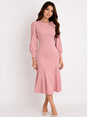 Rose Pink Bishop Sleeve Bow Detail Mermaid Dress