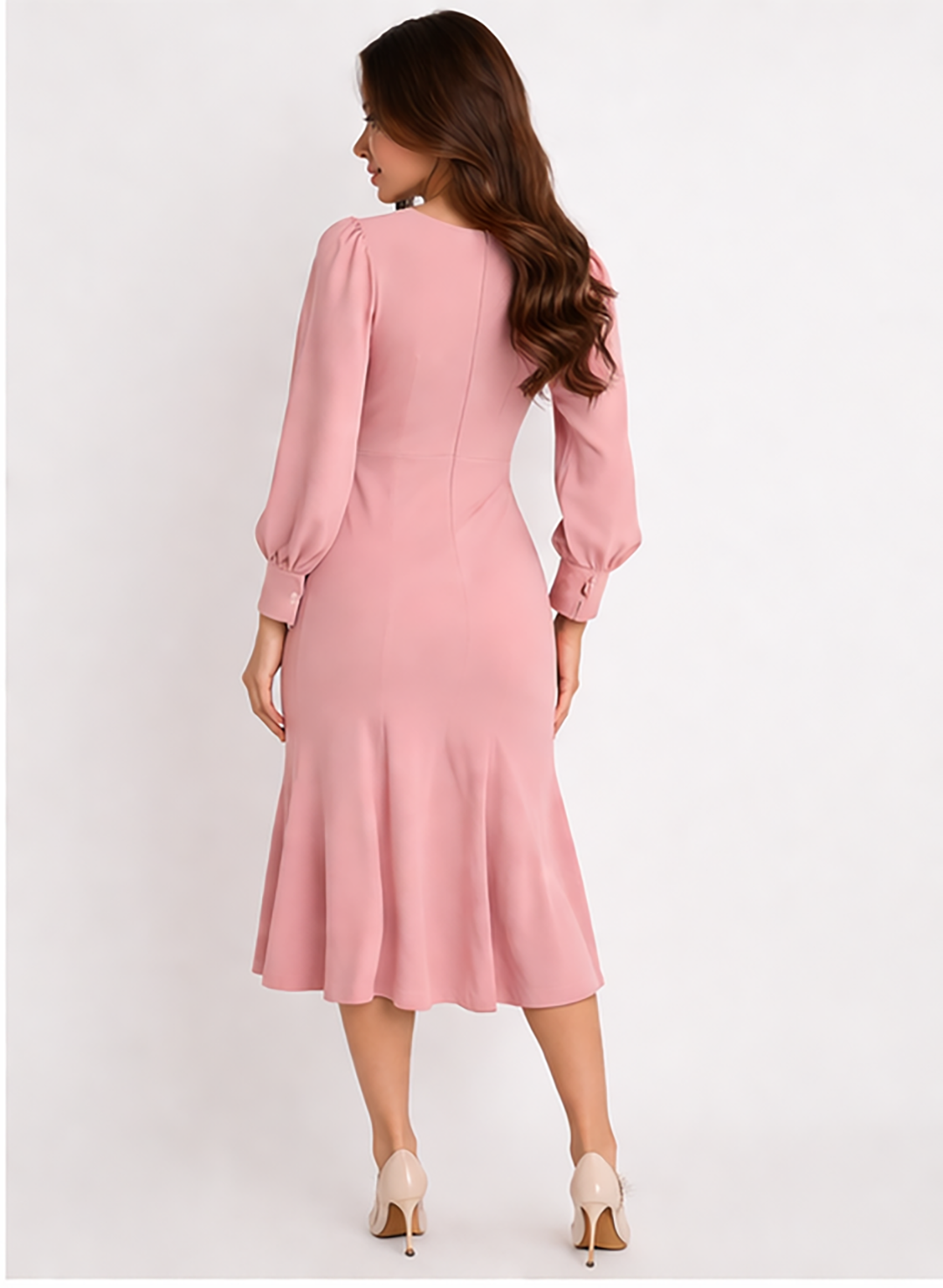 Rose Pink Bishop Sleeve Bow Detail Mermaid Dress