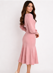 Rose Pink Bishop Sleeve Bow Detail Mermaid Dress