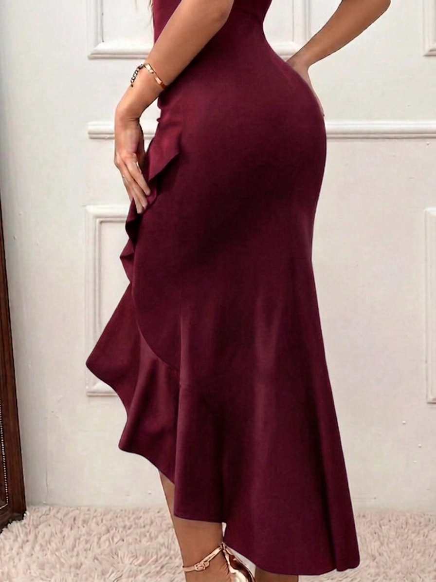 Maroon V-Neck Ruffle Mermaid Dress