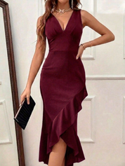 Maroon V-Neck Ruffle Mermaid Dress