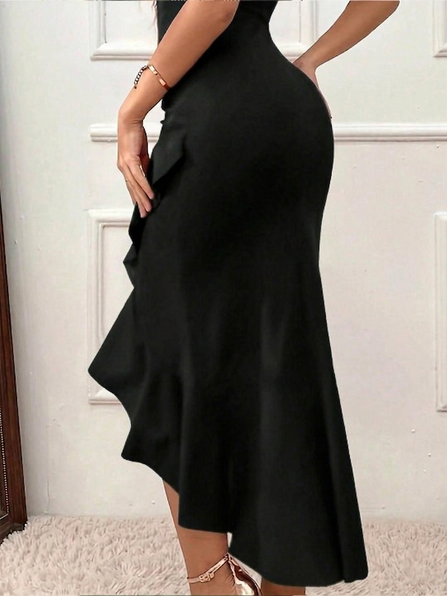 Black V-Neck Ruffle Mermaid Dress