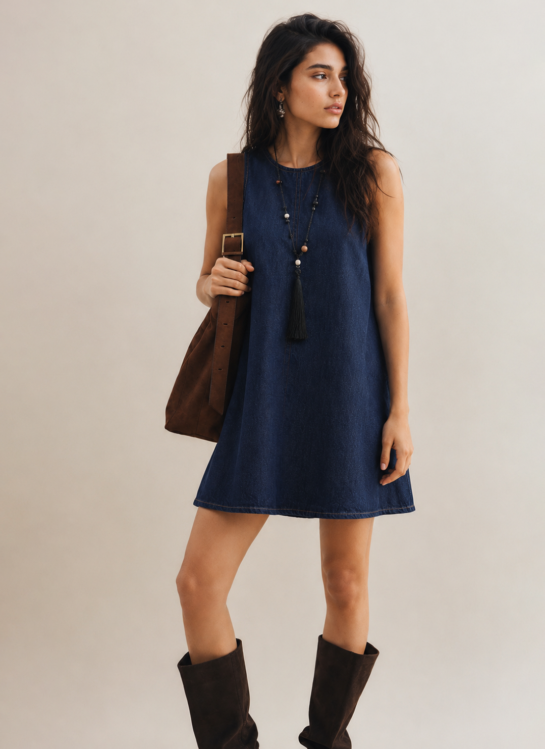 Navy Denim Collared Sleeveless Dress