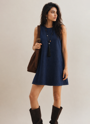 Navy Denim Collared Sleeveless Dress