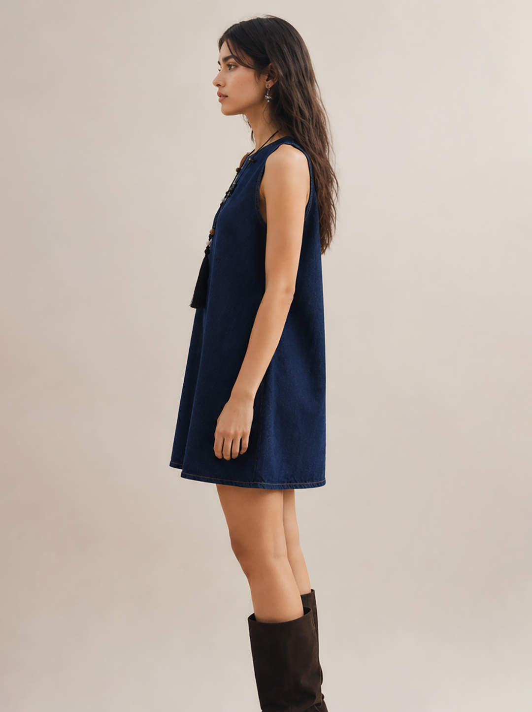 Navy Denim Collared Sleeveless Dress