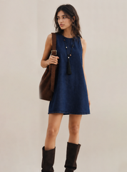 Navy Denim Collared Sleeveless Dress