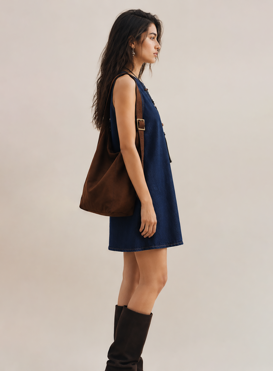 Navy Denim Collared Sleeveless Dress
