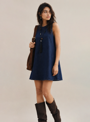 Navy Denim Collared Sleeveless Dress