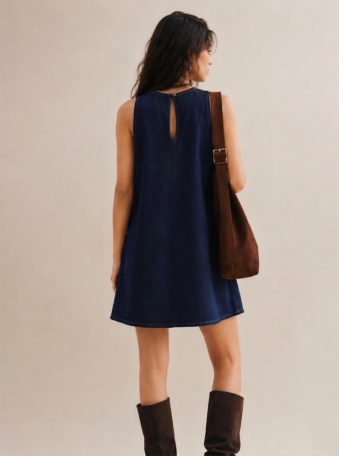 Navy Denim Collared Sleeveless Dress