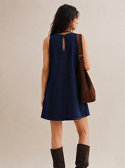 Navy Denim Collared Sleeveless Dress
