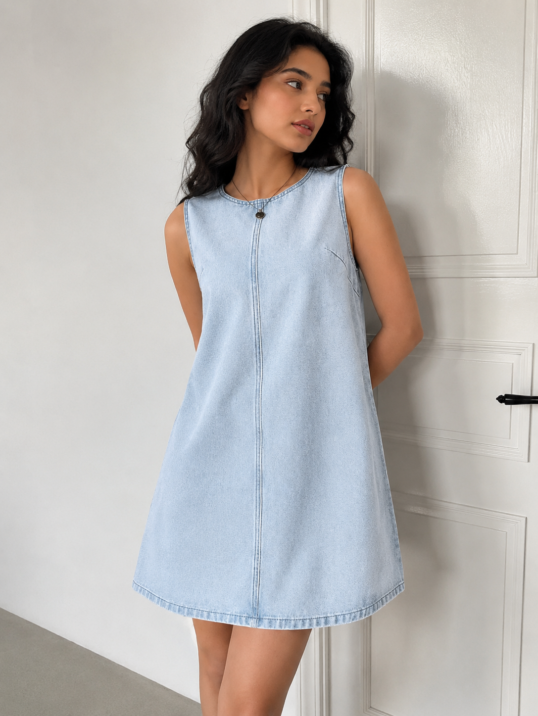 Navy Denim Square-Neck Babydoll Dress