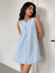 Navy Denim Square-Neck Babydoll Dress