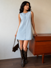 Navy Denim Square-Neck Babydoll Dress
