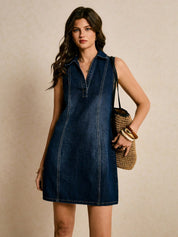 Navy Denim Halter Fit-Flare Dress